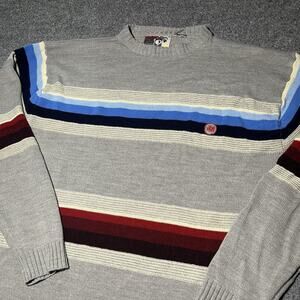 Vtg Mecca Sweater Mens Medium Pullover Gray Stripe Knit Hip Hop Y2K